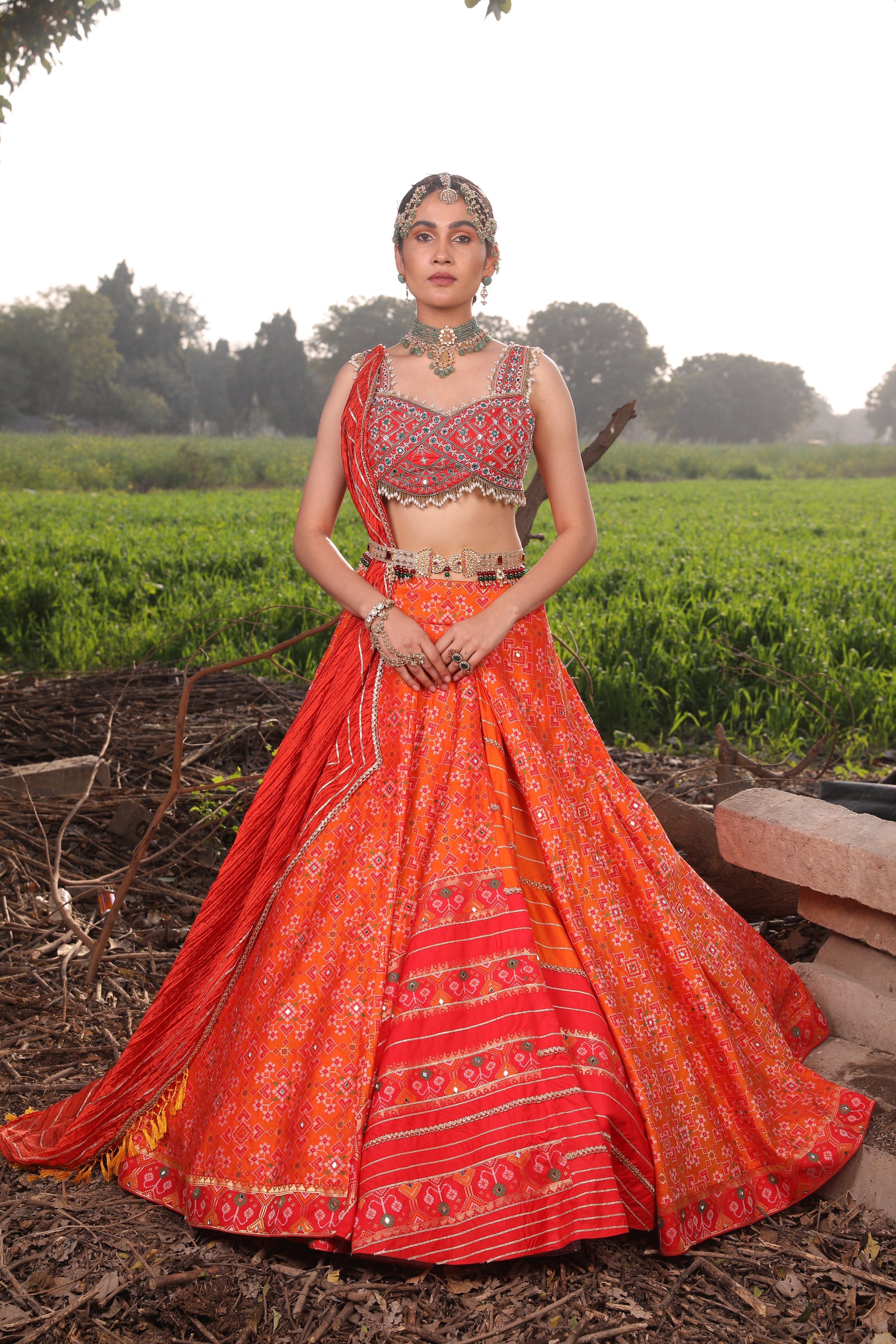 Women's Orange Woven Banarasi Silk Lehenga Set