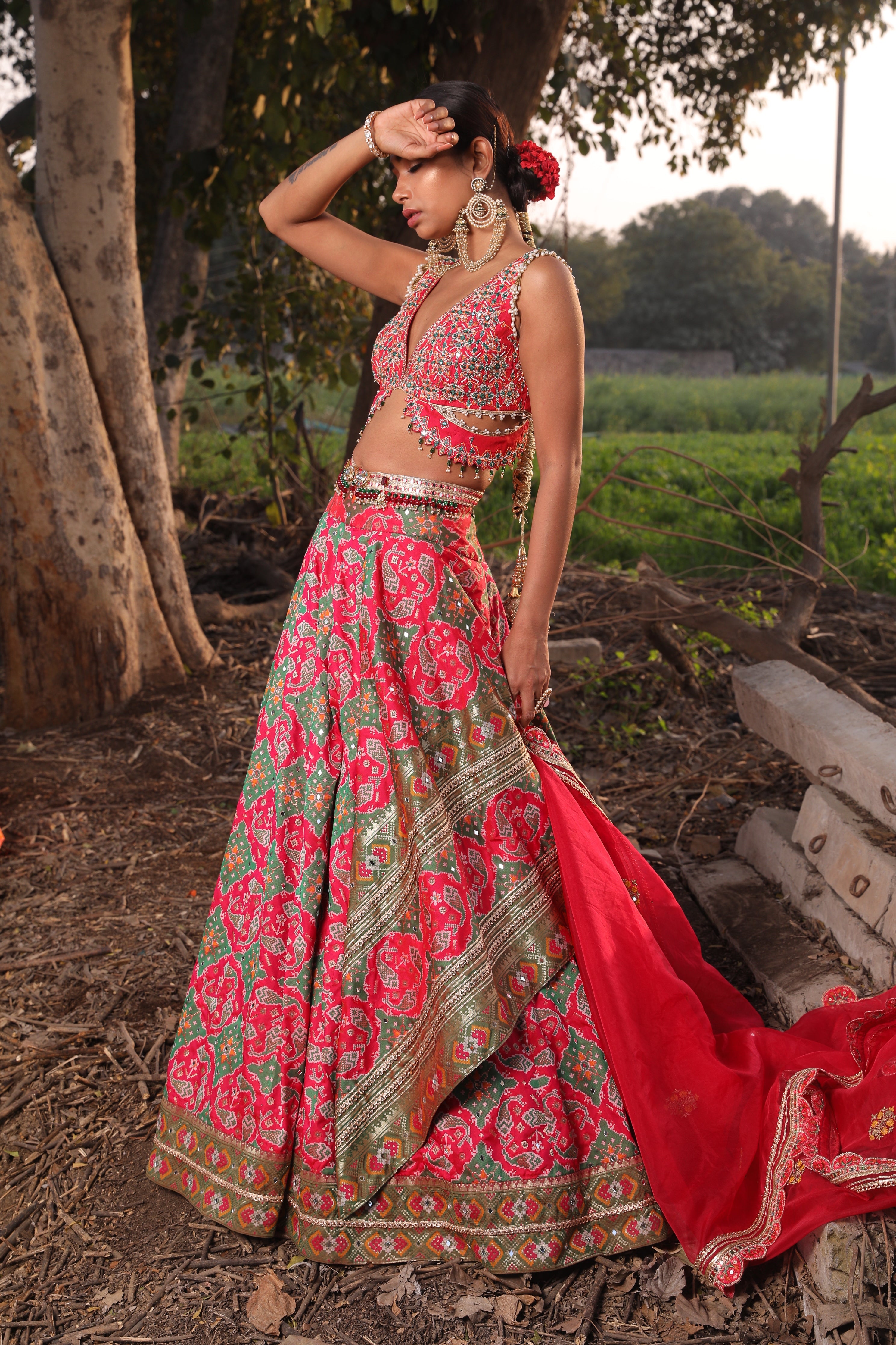 Women's Light Coral Banarasi Lehenga Set frontview