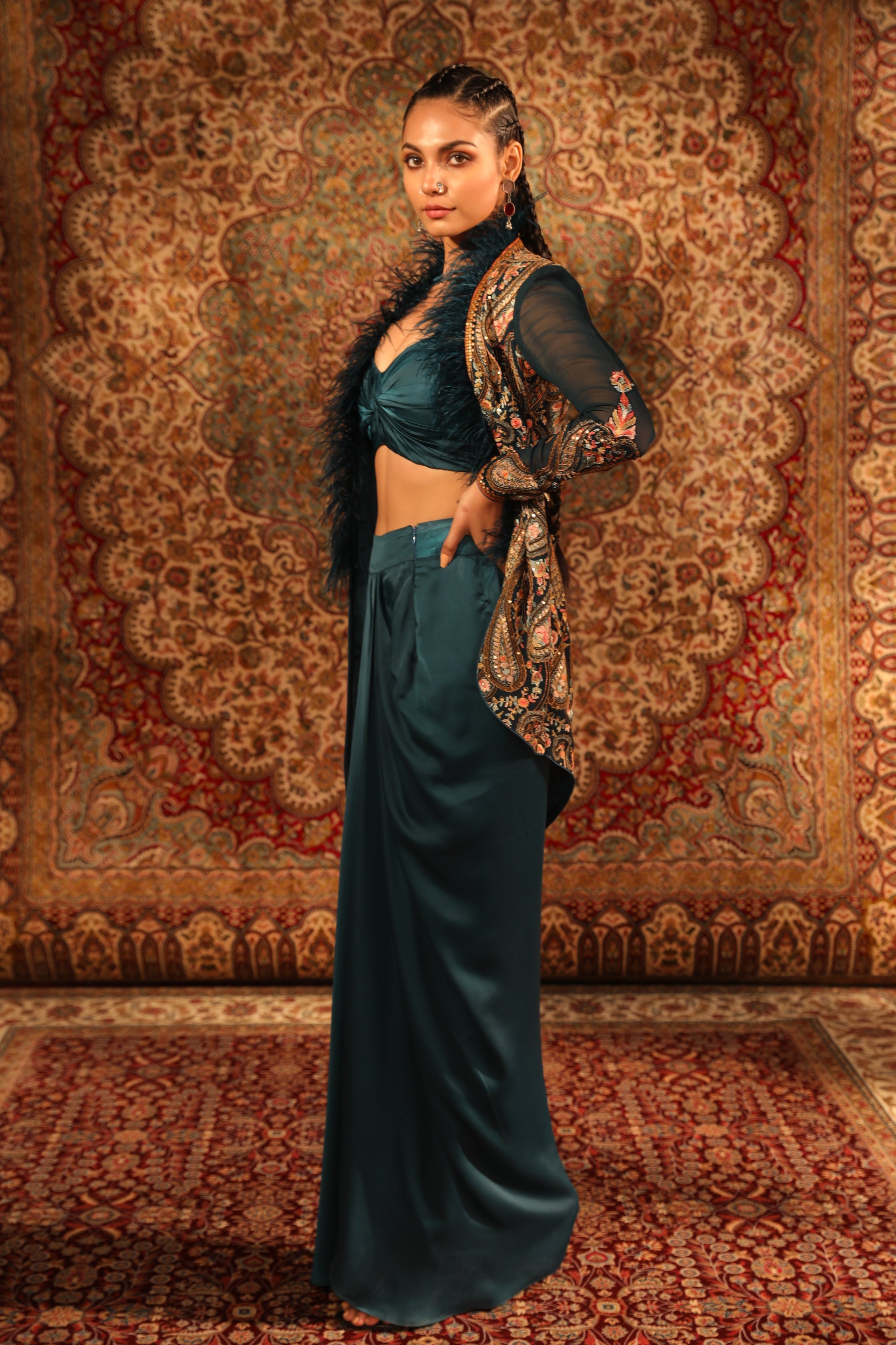 Women's Teal Embroidered Hi-low Jacket Set sideview