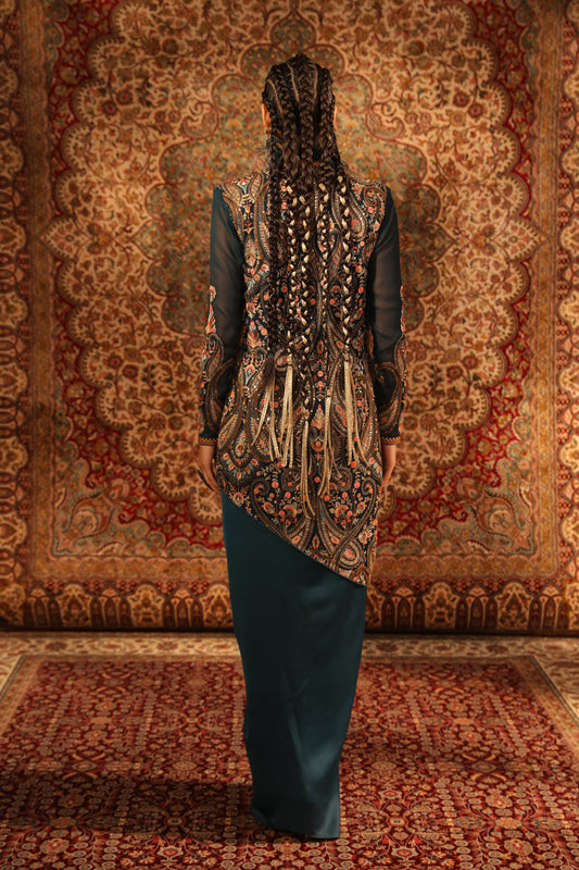  Women's Teal Embroidered Hi-low Jacket Set backview