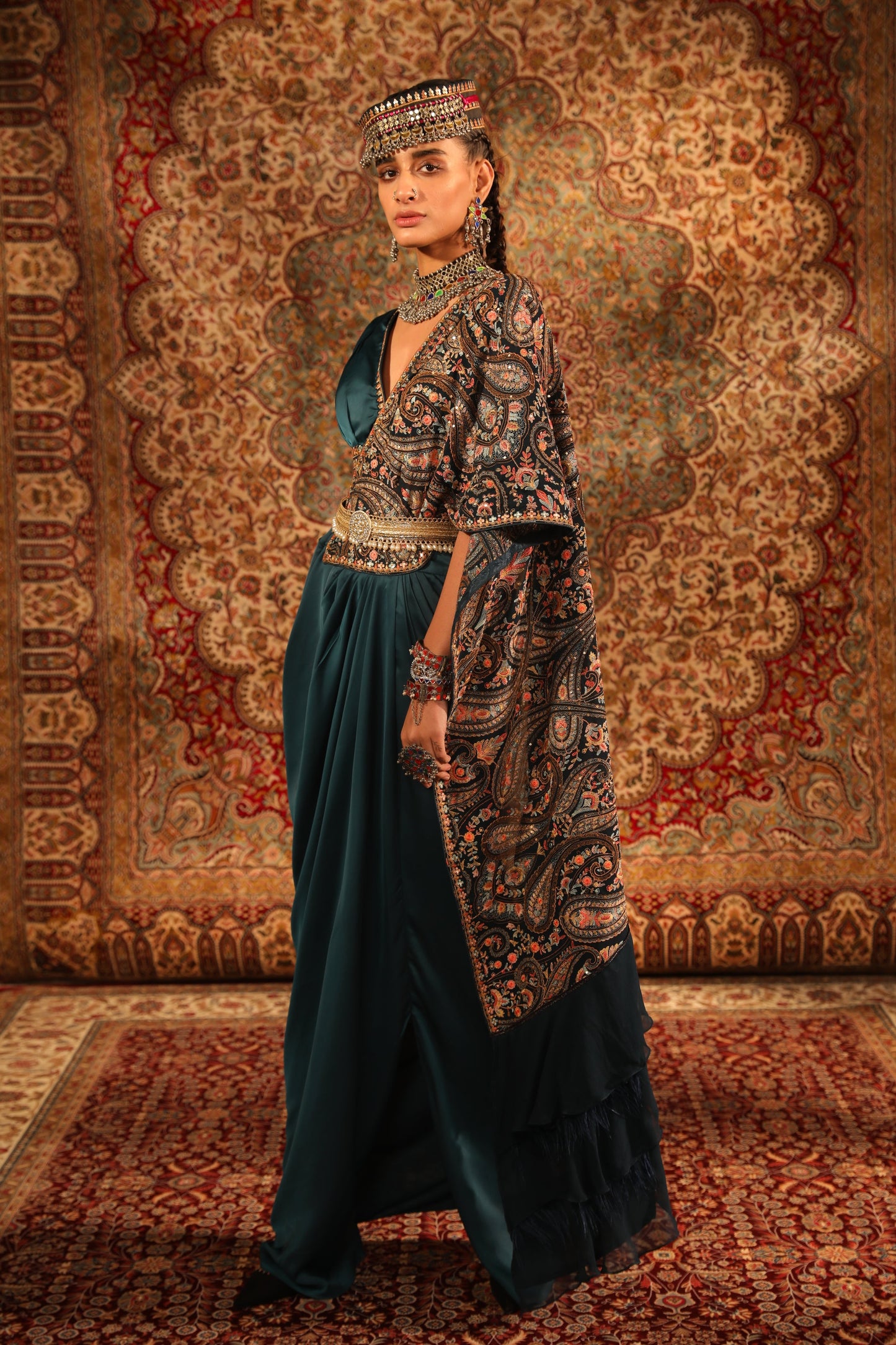 Women's Teal Kashida Draped Saree Skirt Set