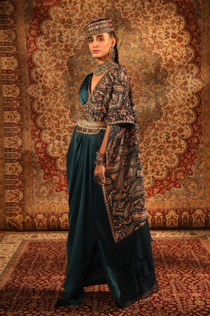 Women's Teal Kashida Draped Saree Skirt Set