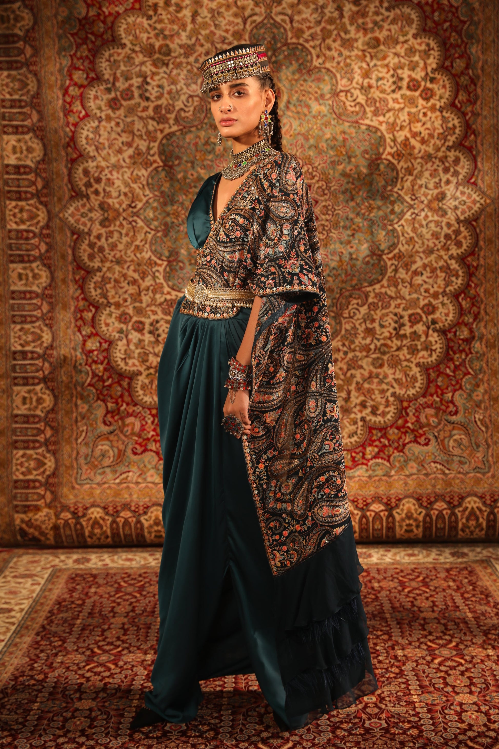 Women's Teal Kashida Embroidered Draped Saree | Aditi Gupta