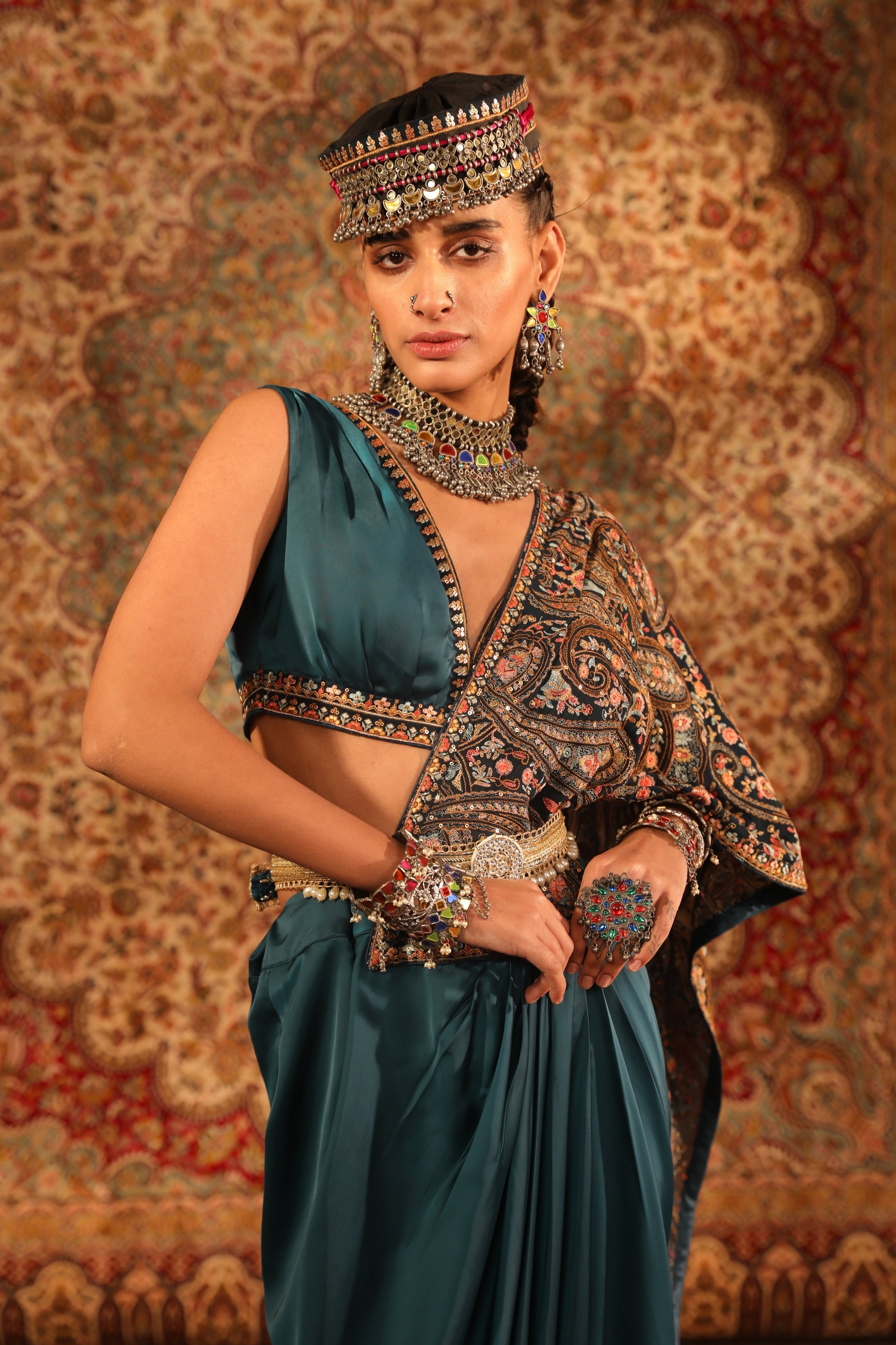 Women's Teal Embroidered Draped Saree Skirt Set