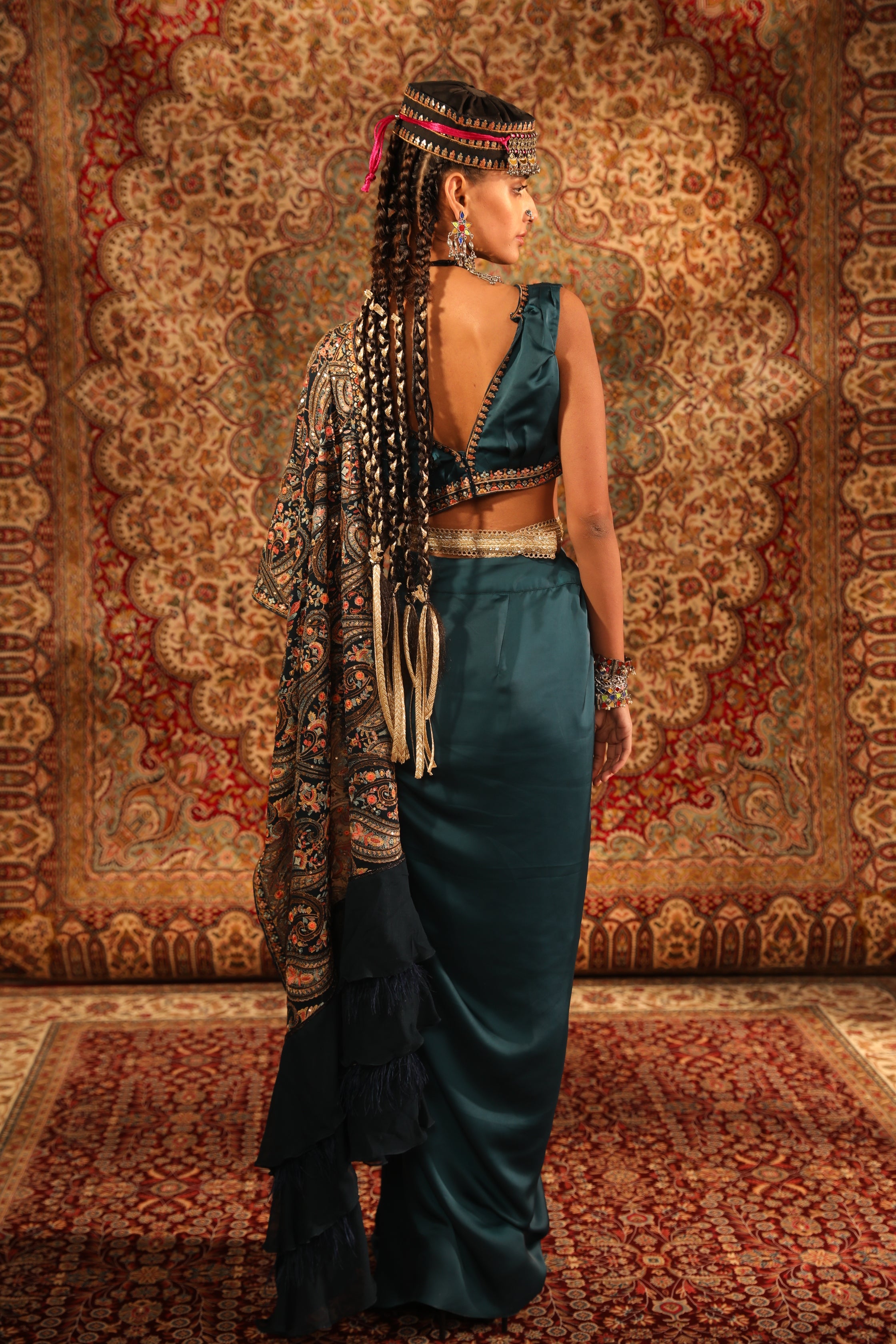 Women's Teal Embroidered Draped Saree Skirt Set
