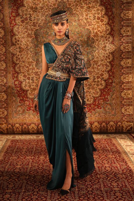 Women's Teal Kashida Draped Saree Skirt Set
