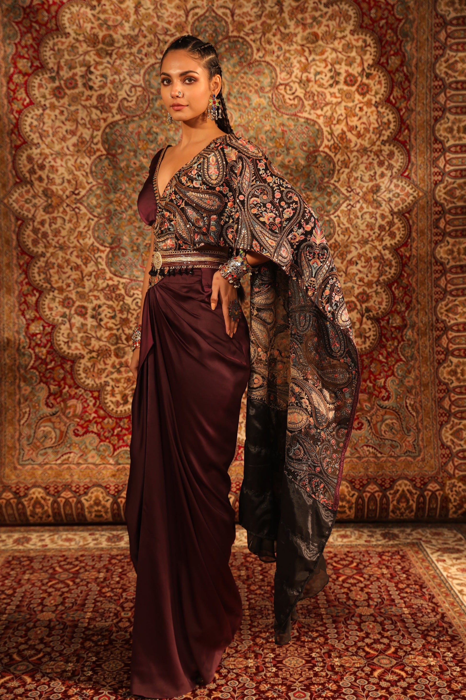 Shop Wine Kashida Embroidered Draped Saree Set