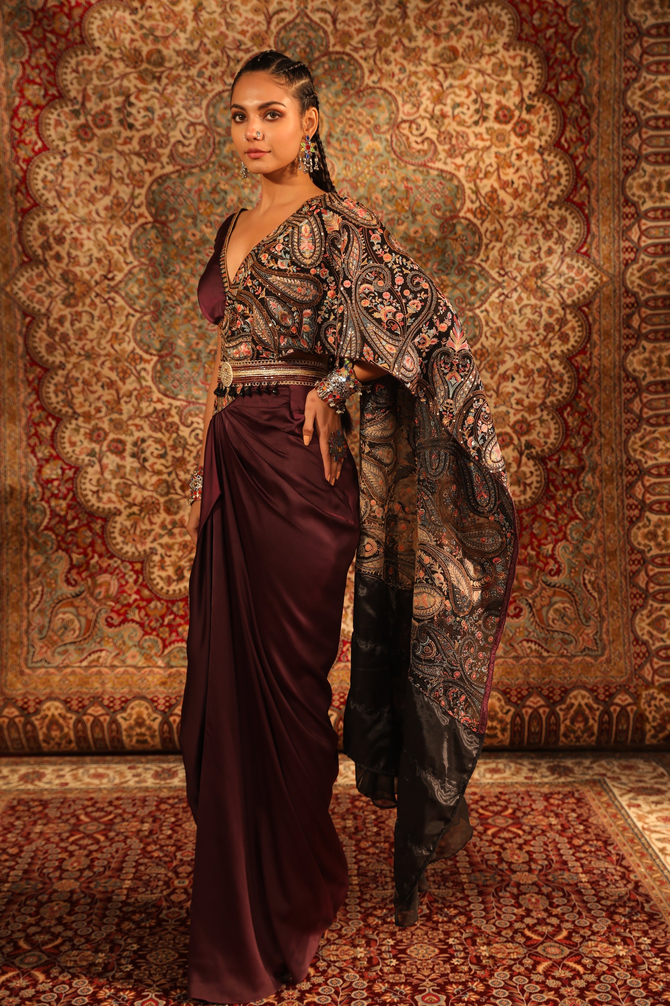 Shop Wine Kashida Embroidered Draped Saree Set