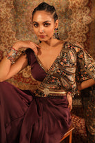 Shop Wine Kashida Embroidered Draped Saree Set