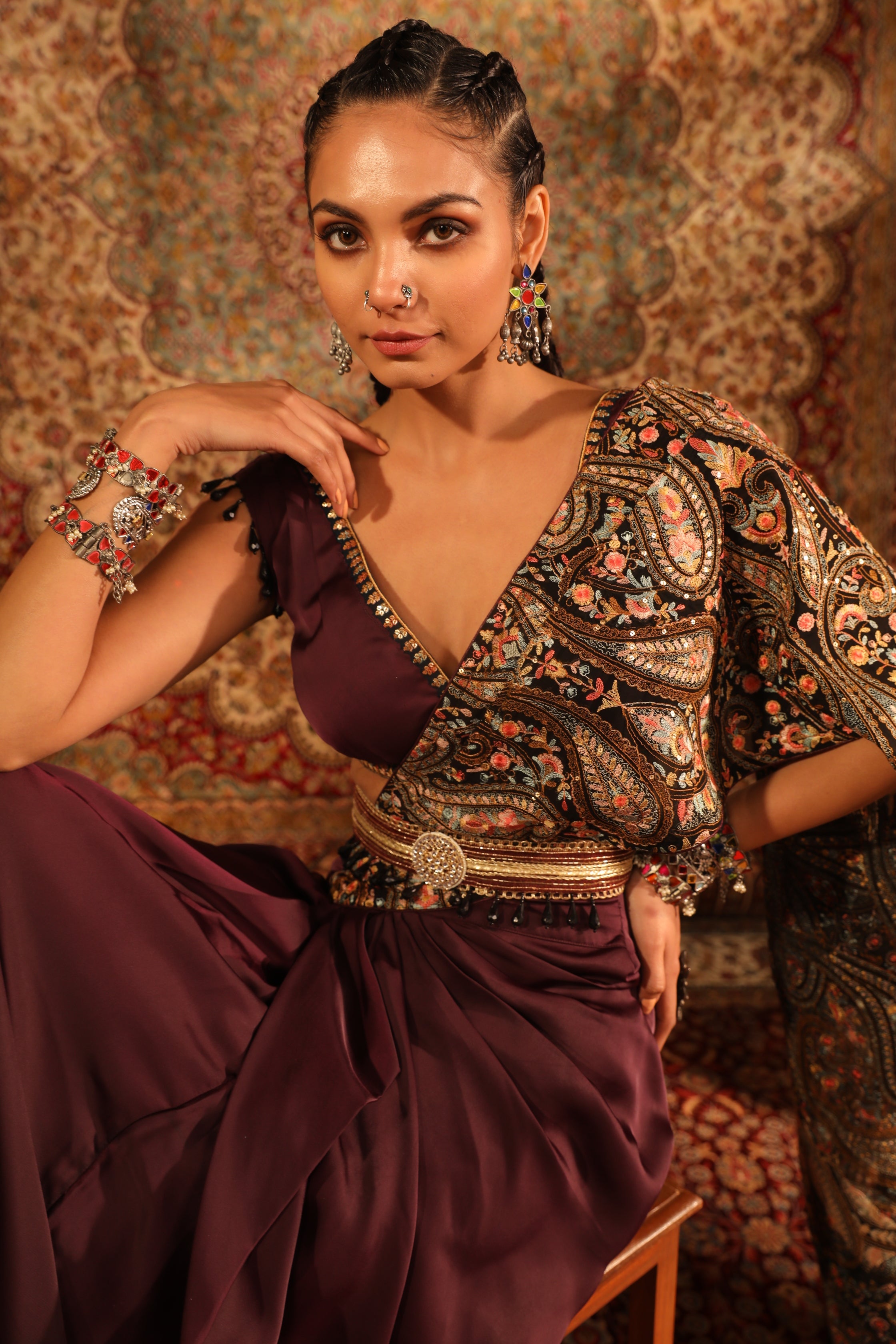 Shop Wine Kashida Embroidered Draped Saree Set