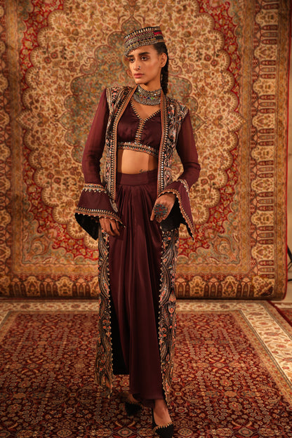 Wine Kashida jacket & draped skirt