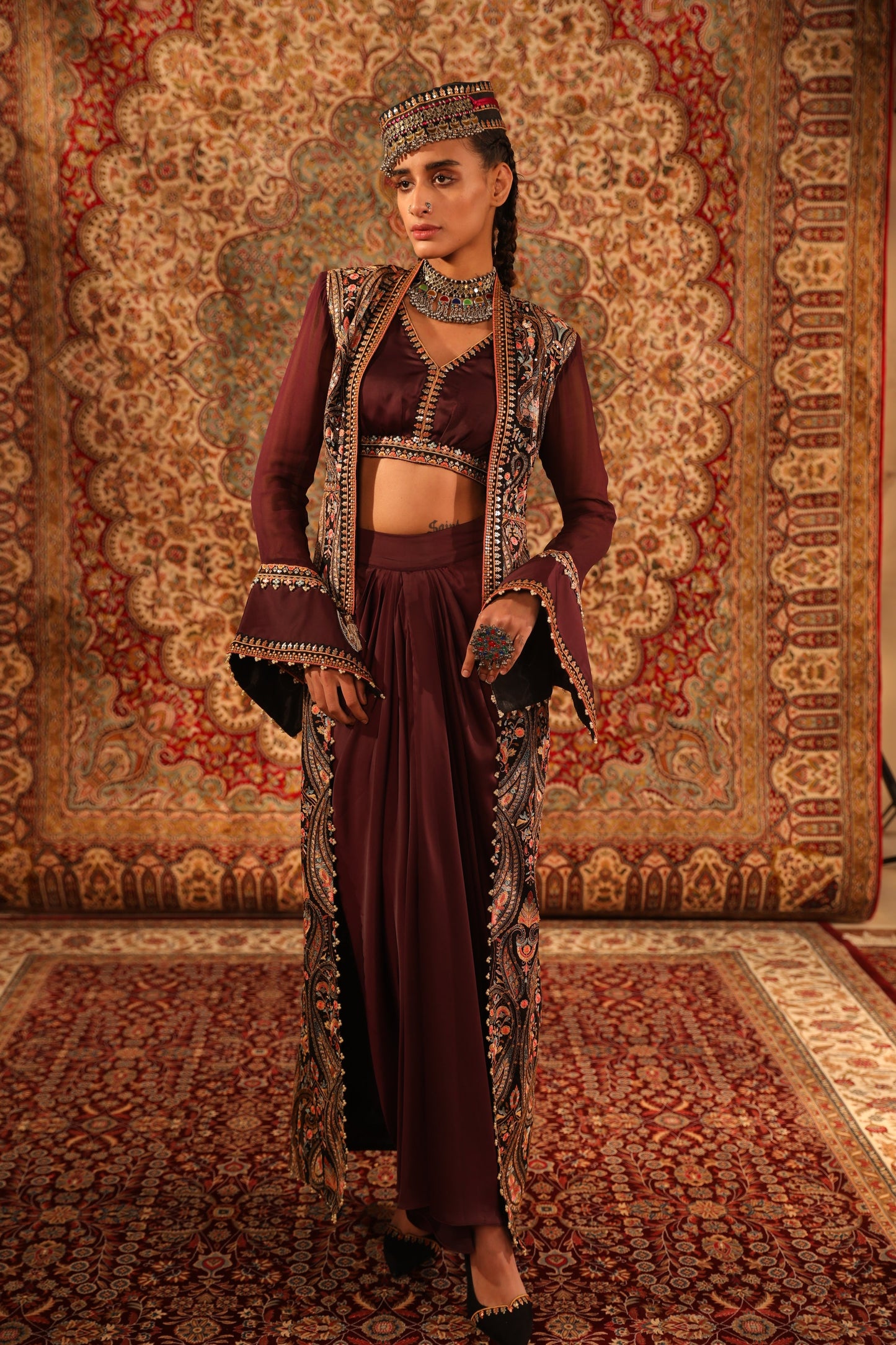 Wine Kashida long jacket