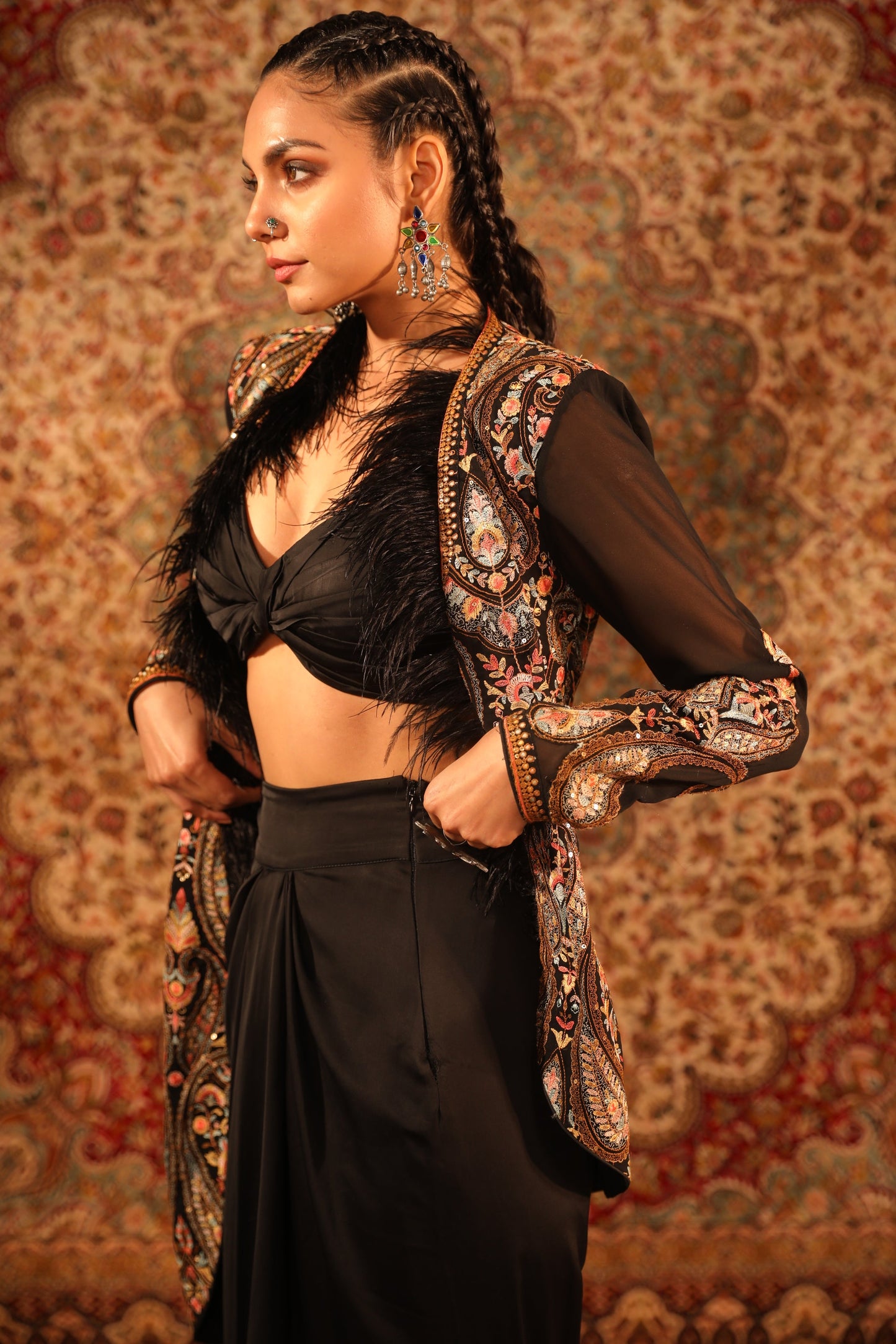 Black Kashida Hi-low jacket set