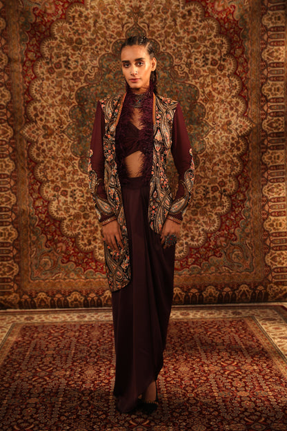 Women's Wine Embroidered Hi-Low jacket Set