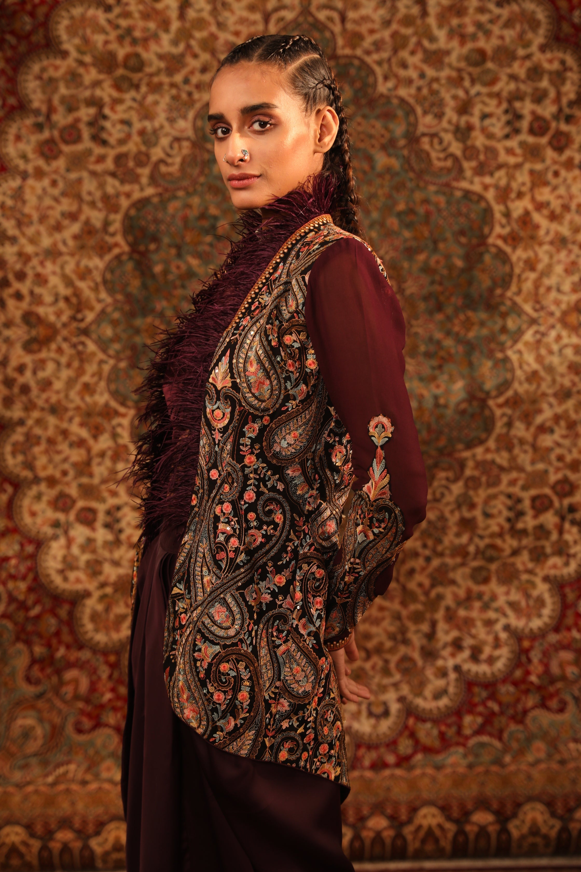 Women's Wine Embroidered Hi-Low jacket Set sideview