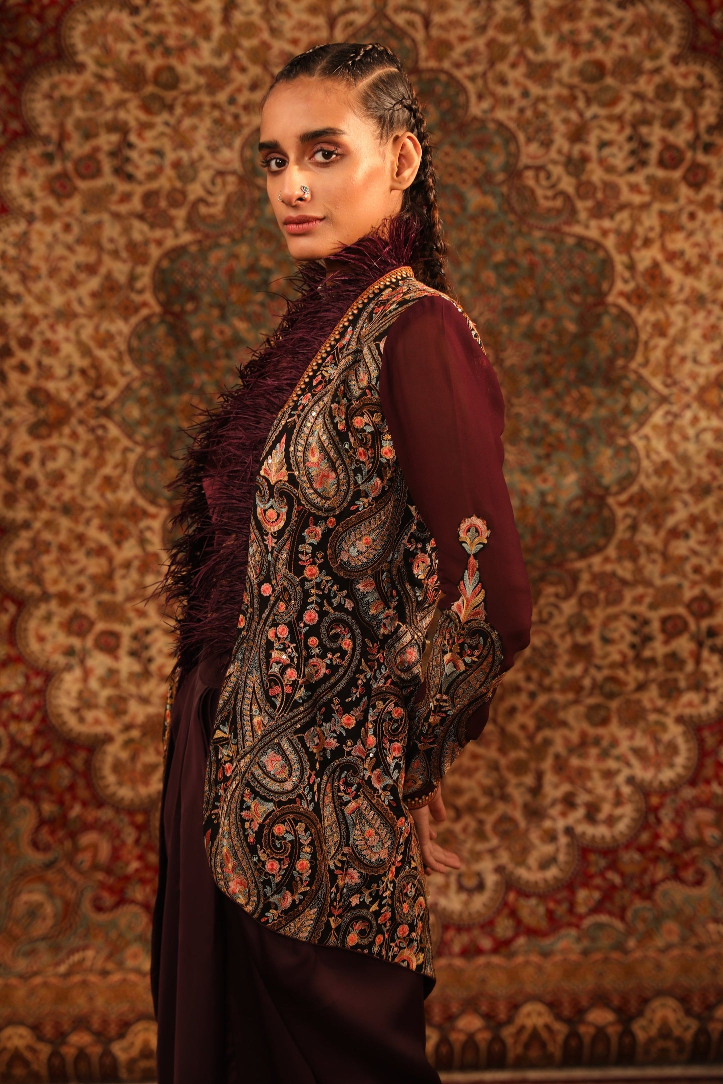 Women's Wine Embroidered Hi-Low jacket Set sideview
