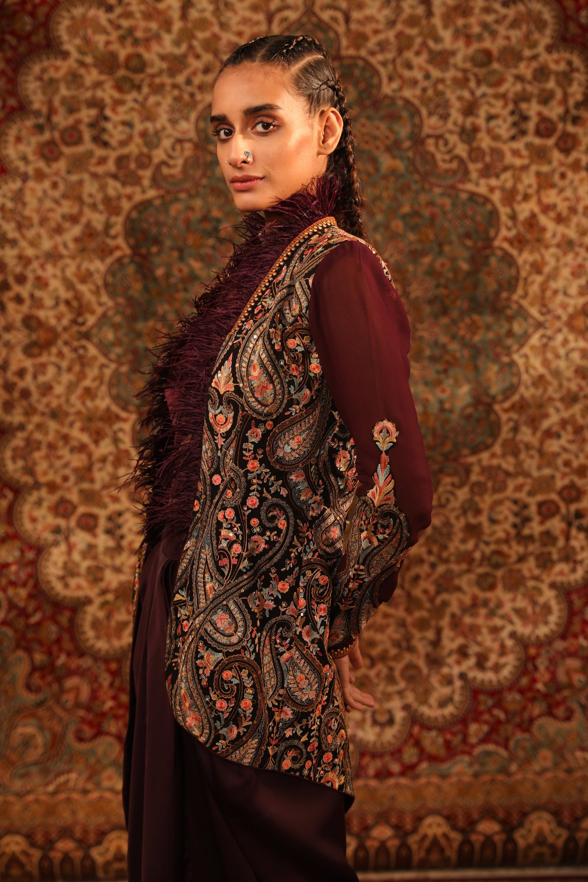 Women's Wine Embroidered Hi-Low jacket Set sideview