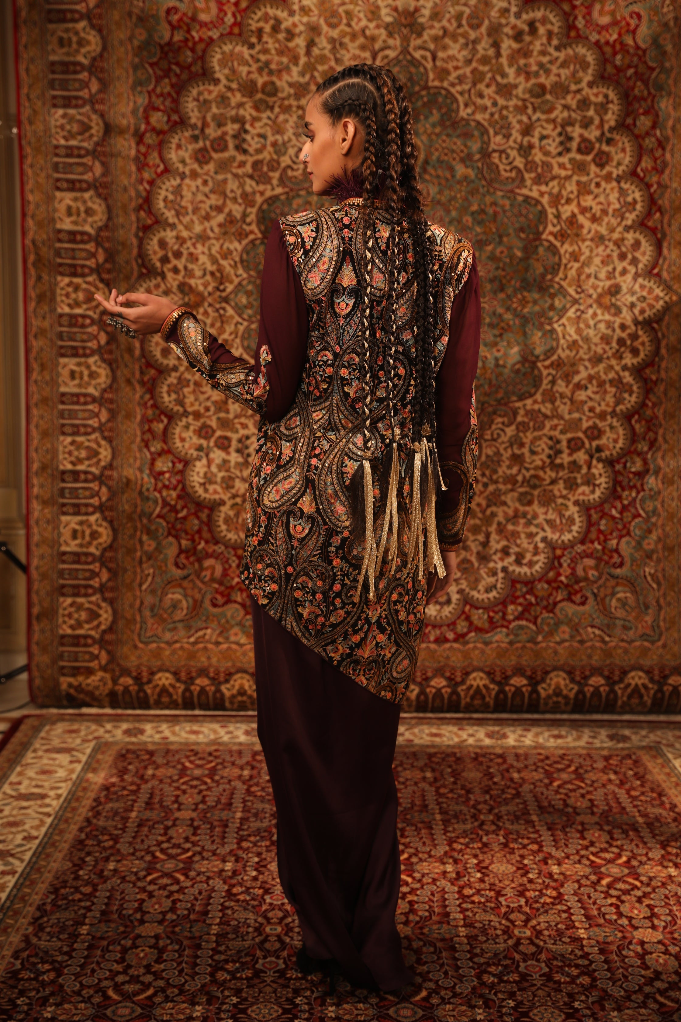 Women's Wine Embroidered Hi-Low jacket Set backview