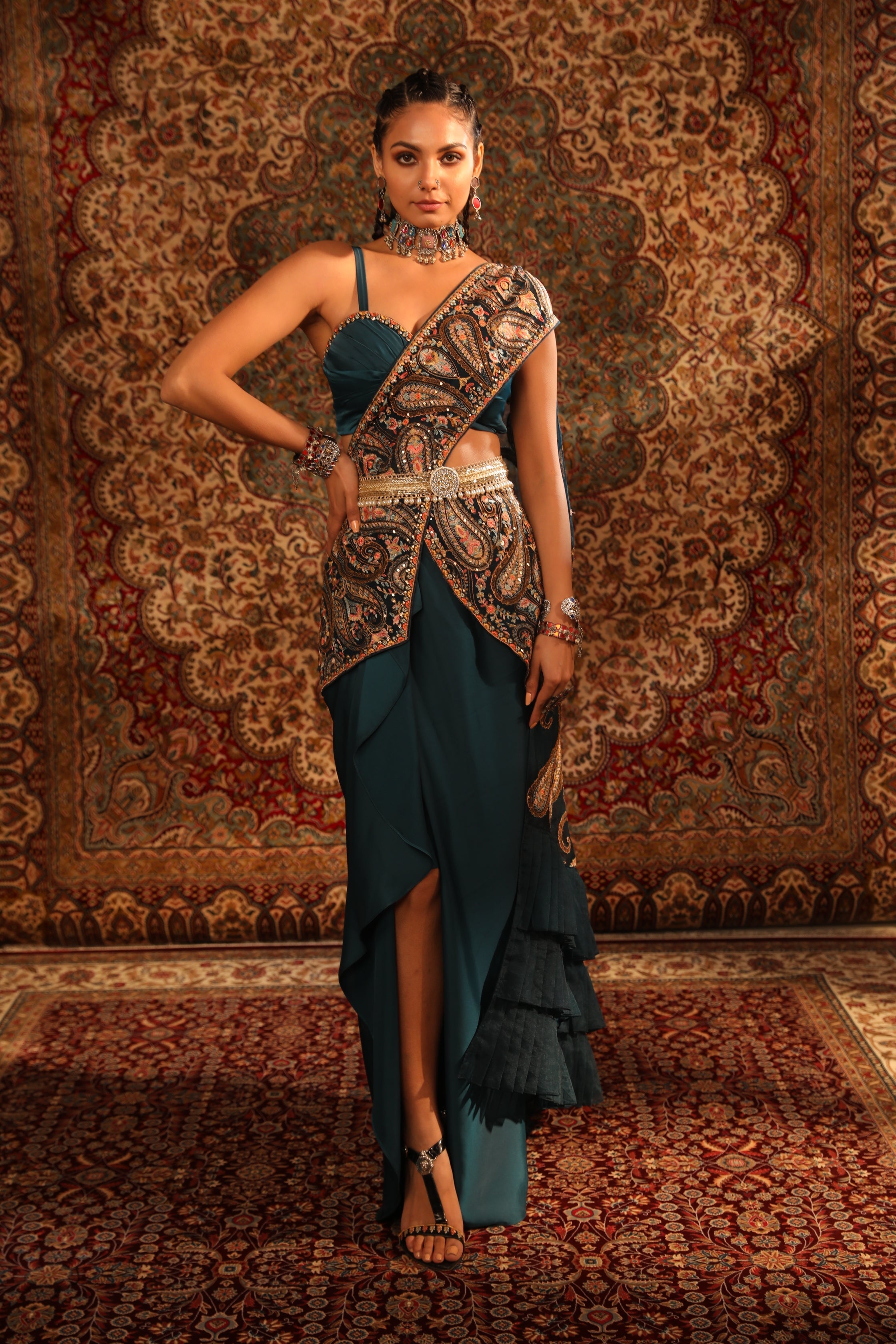 Women's Teal Kashida Draped Skirt Saree Set