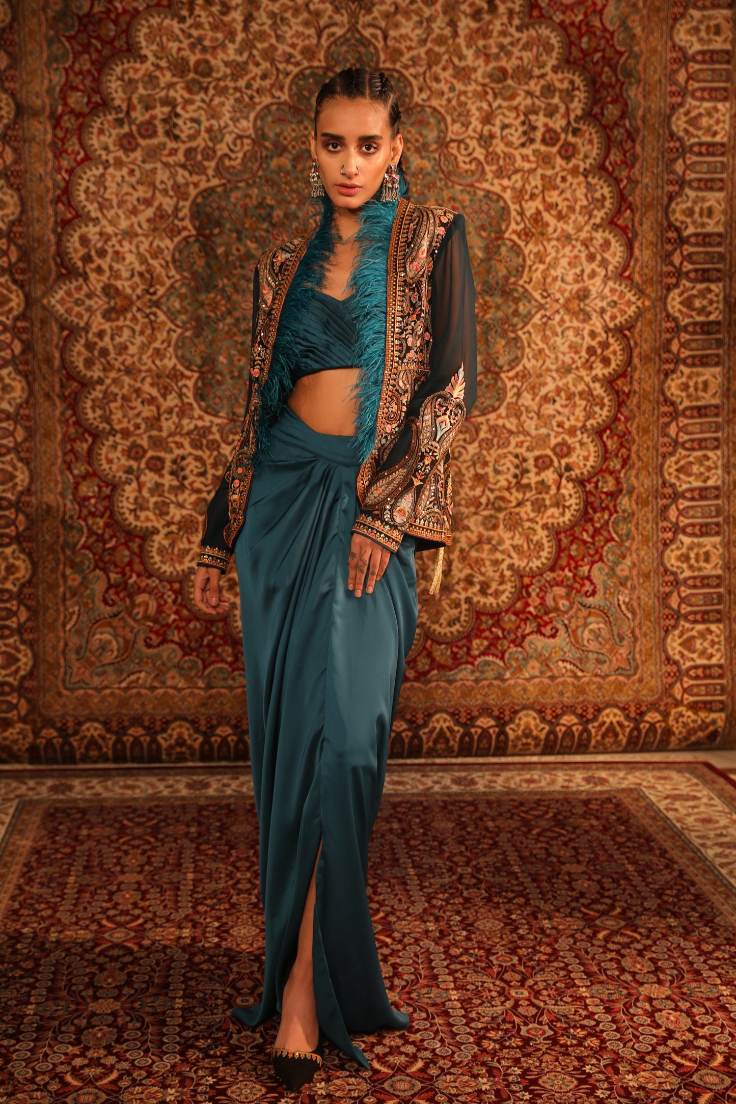 Teal Kashida Jacket set
