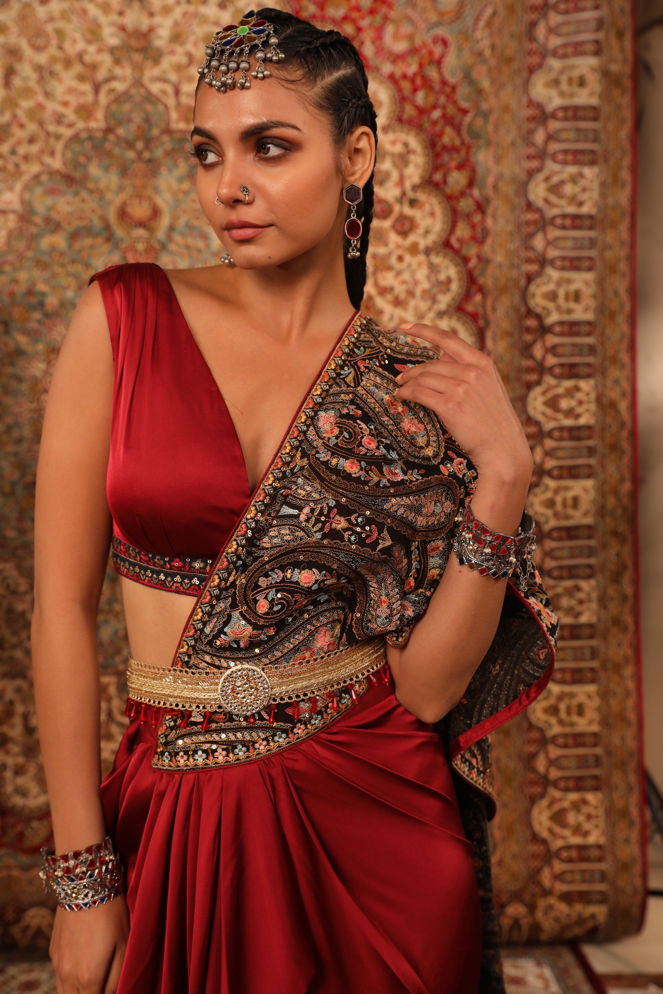 Women's Wine Kashida Embroidered Draped Saree