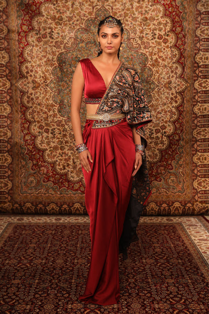 Buy Women's Red Embroidered Draped Saree Skirt