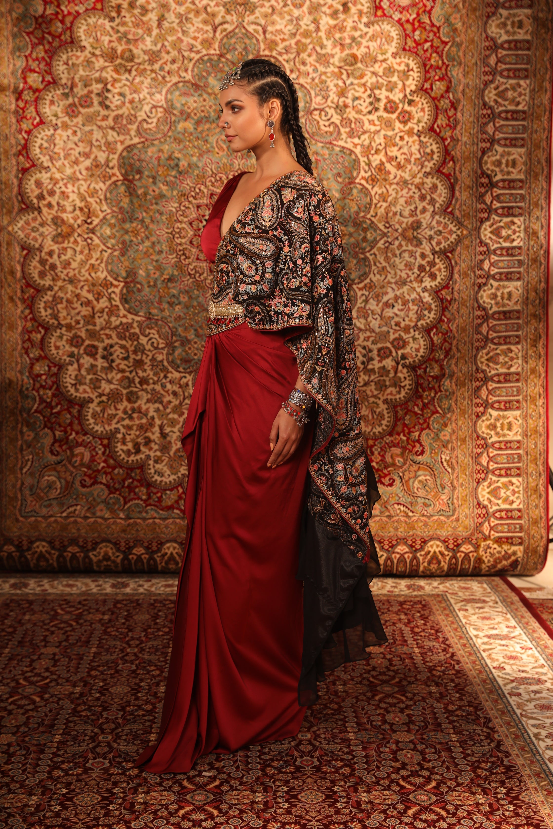 Women's Wine Kashida Embroidered Draped Saree