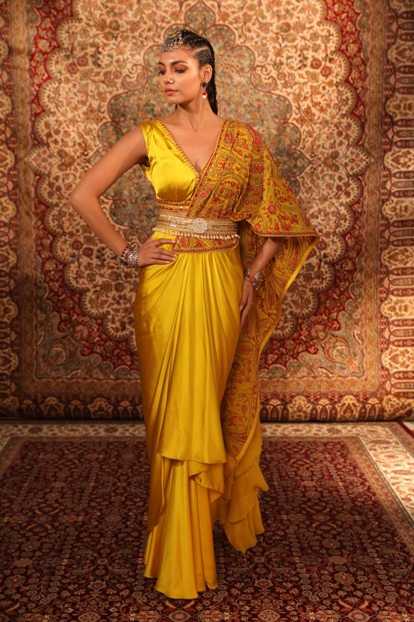 Shop Mustard Kashida Embroidered Draped Saree 
