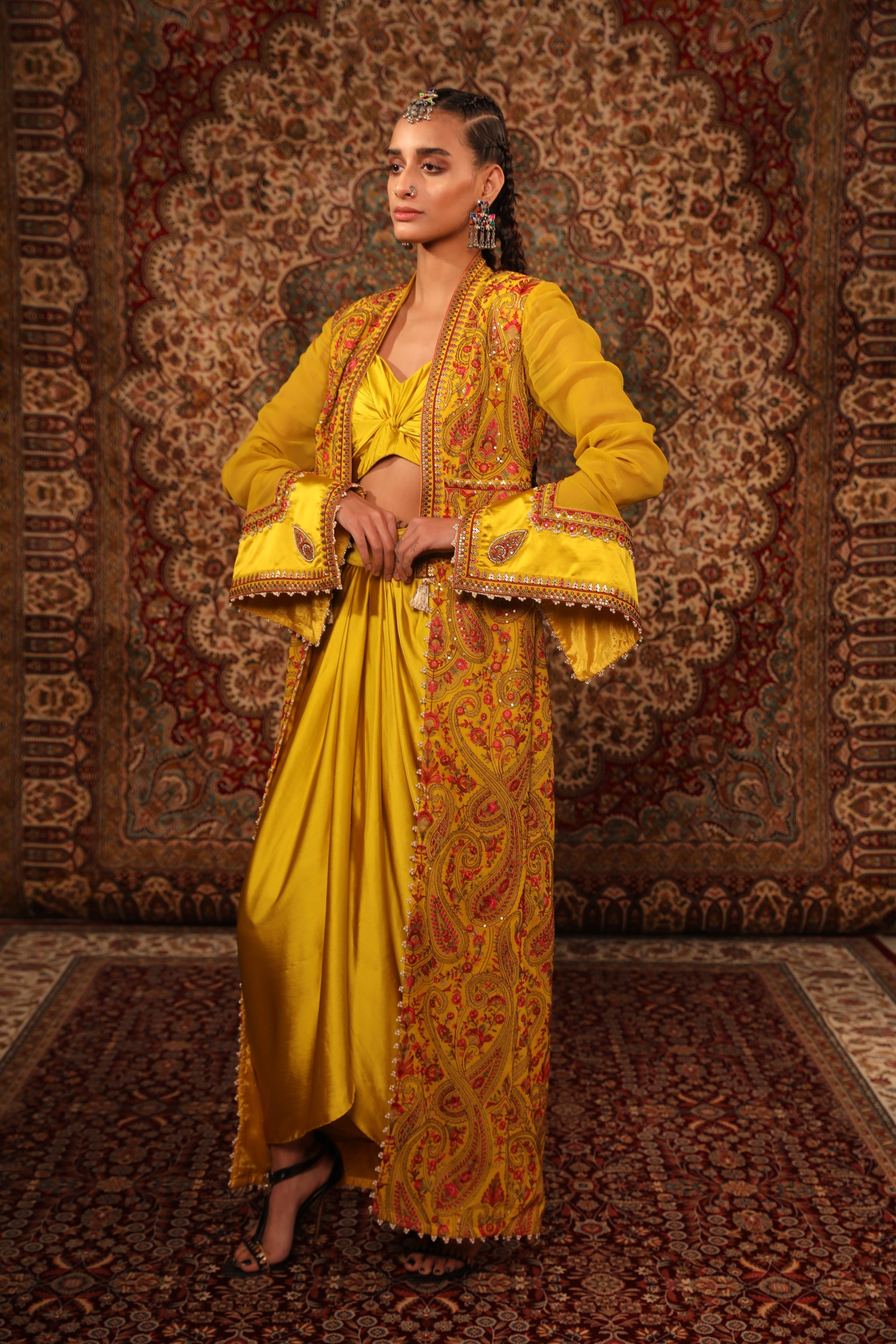 Women's Mustard Embroidered Long Jacket Set