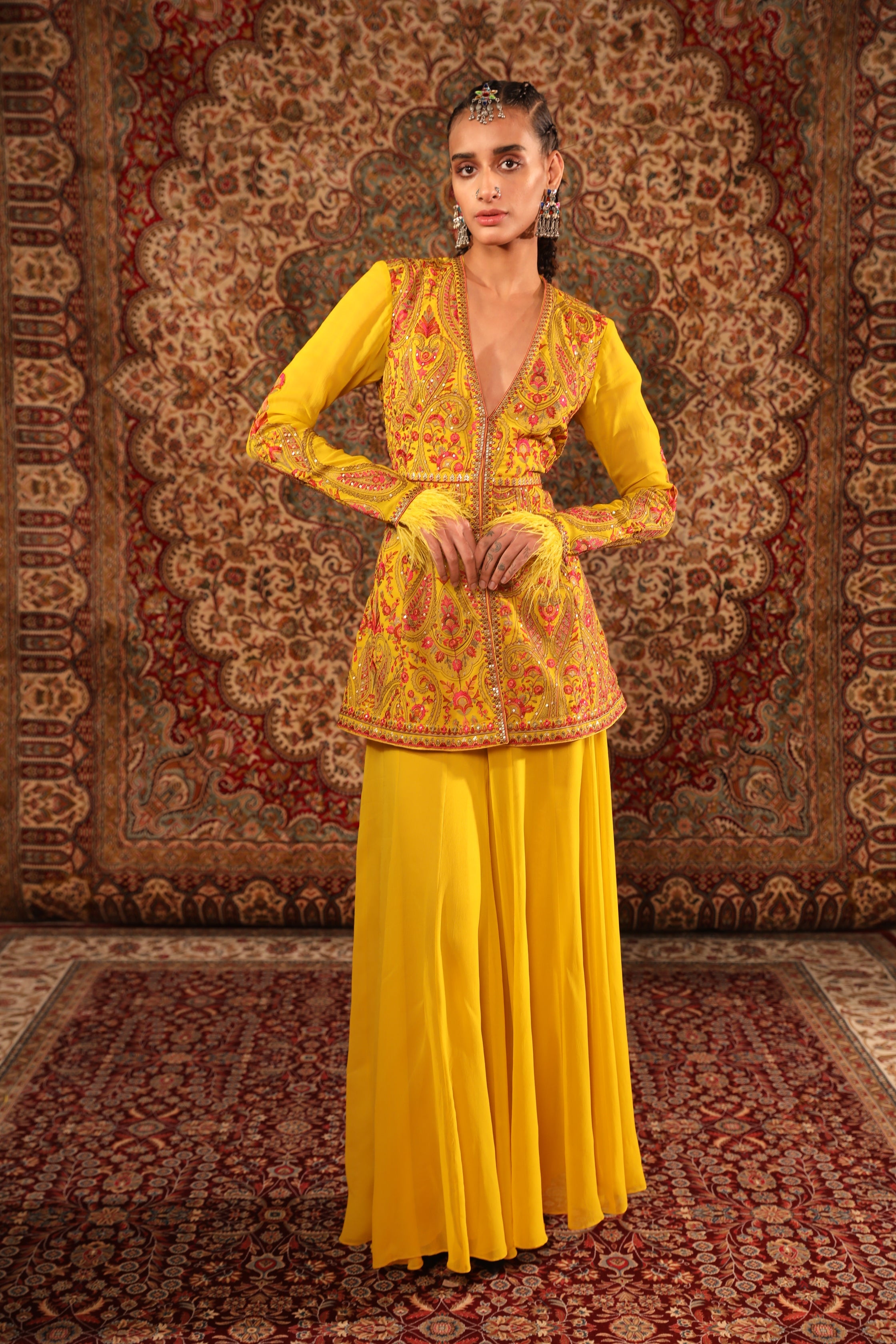 Women's Mustard Kashida Embroidered Sharara set