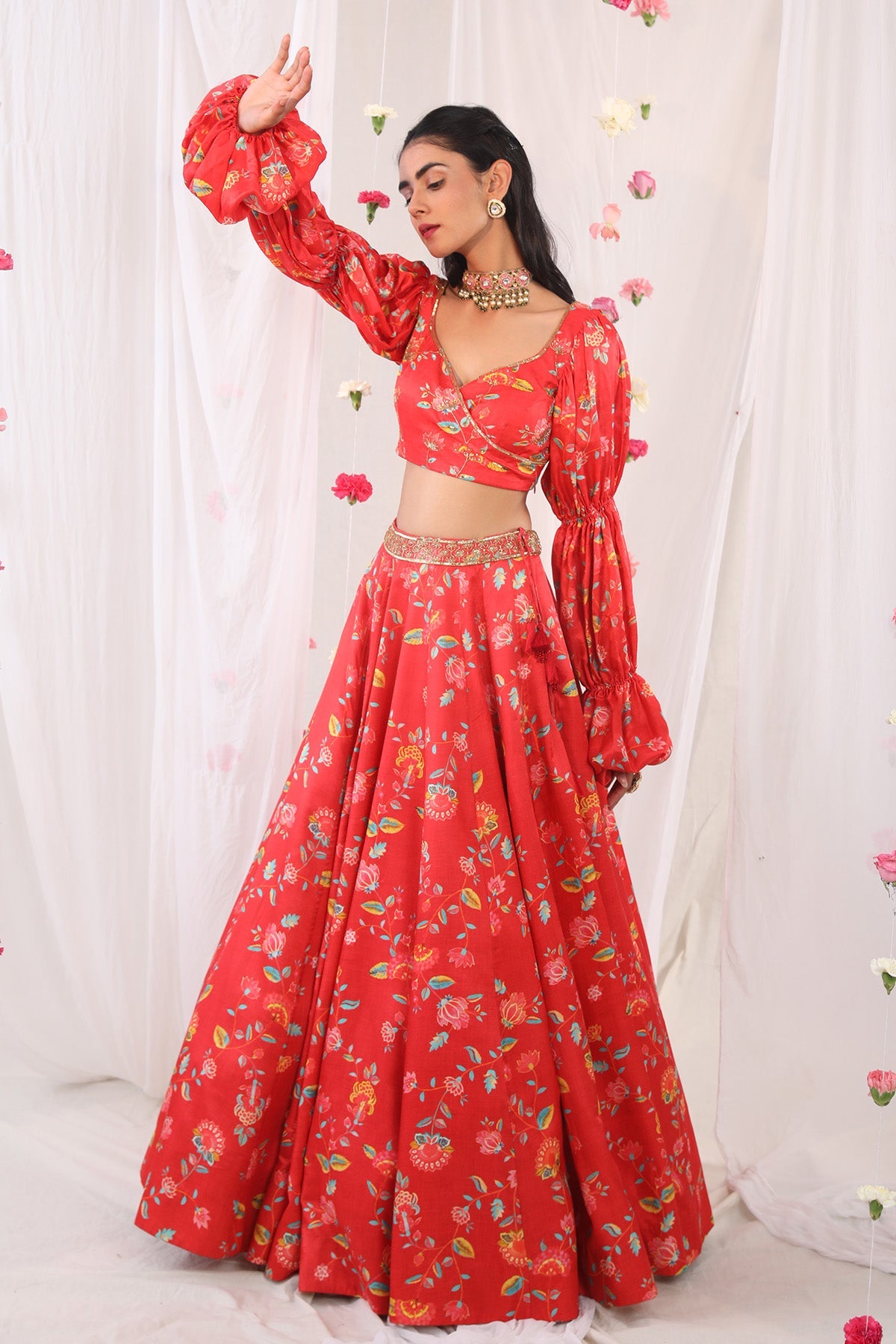 Red printed lehenga set