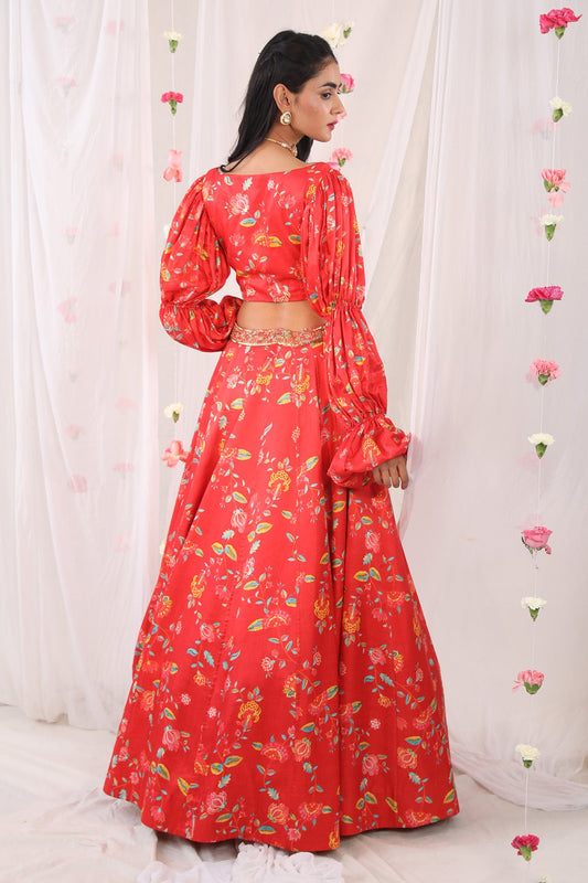 Red printed lehenga set