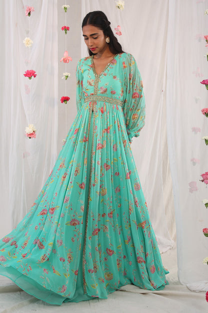 Sea green jacket anarkali set