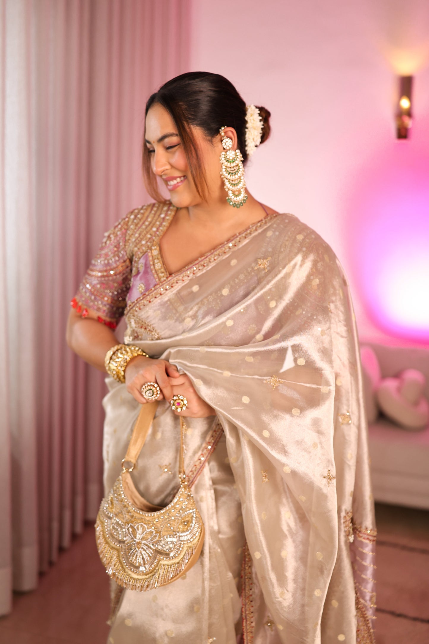 Sakshi Sindwani in Pearl gold silk zari tissue saree