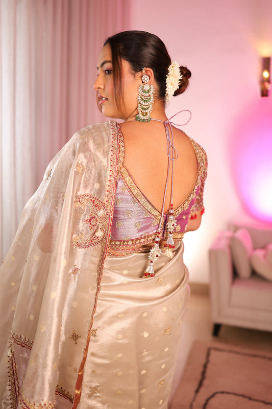 Sakshi Sindwani in Pearl gold silk zari tissue saree