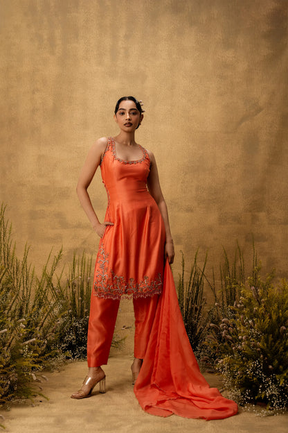 Bright orange hand embroidered chanderi silk suit set with organza dupatta