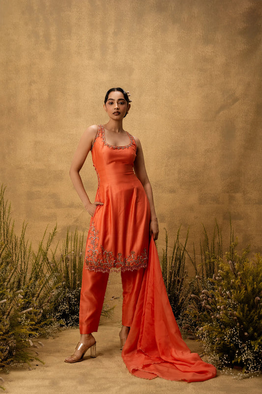 Bright orange hand embroidered chanderi silk suit set with organza dupatta