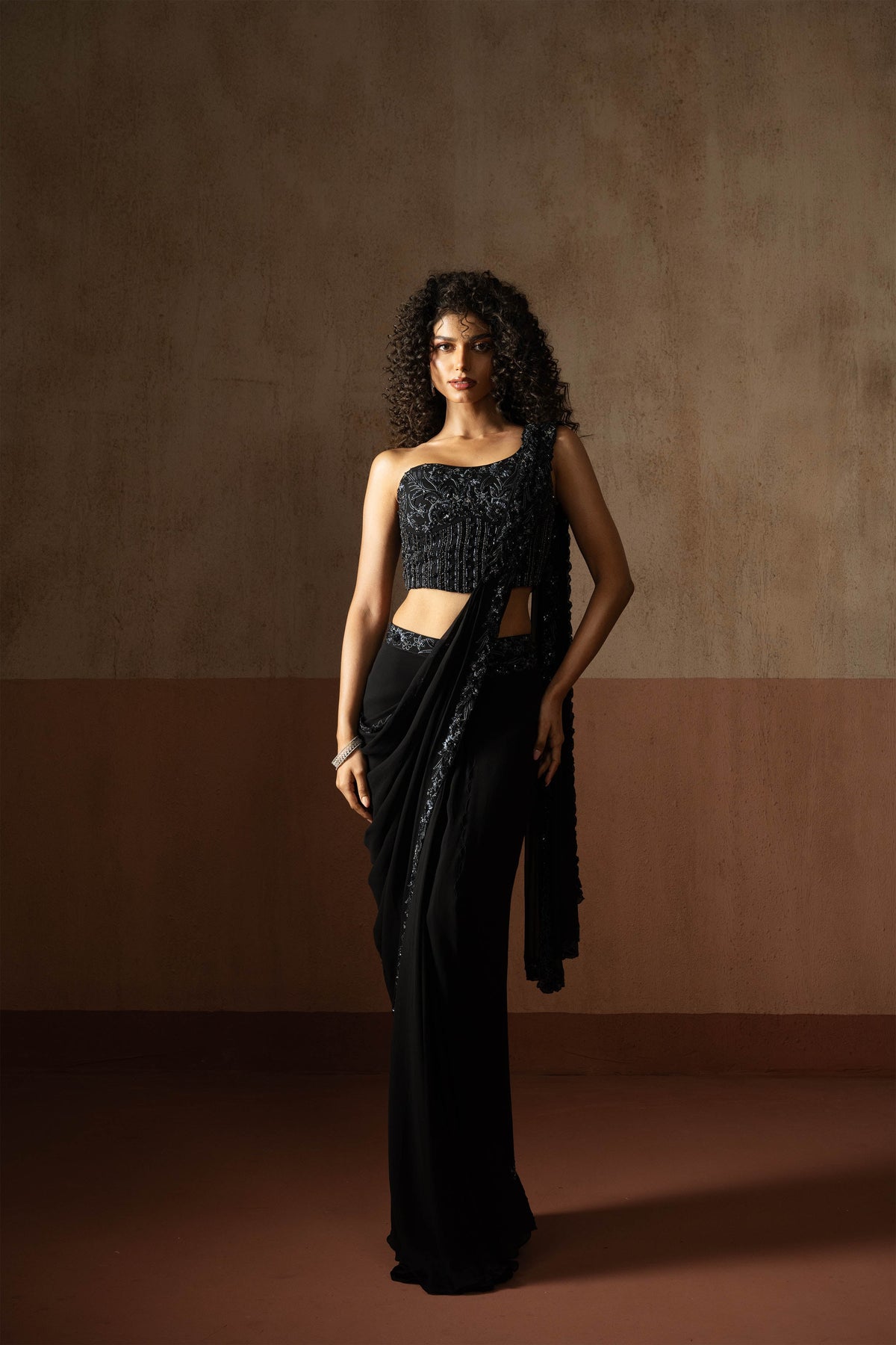 Predraped, Black Hand Embroidered Georgette Saree