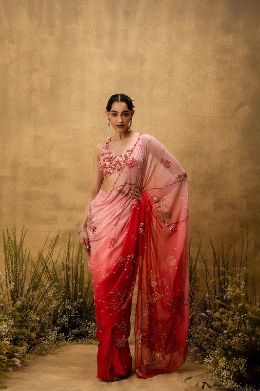 Pink ombre Pre-stitched hand embroidered organza saree set