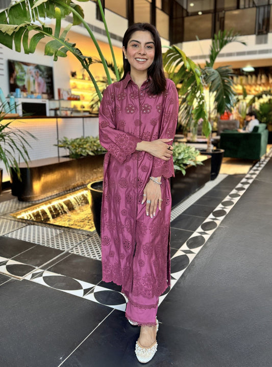 Harriet Pima Satin Grape Long shirt co-ord set