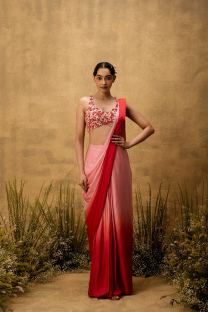Pastel pink ombre pre-draped modal satin saree with embroidered blouse