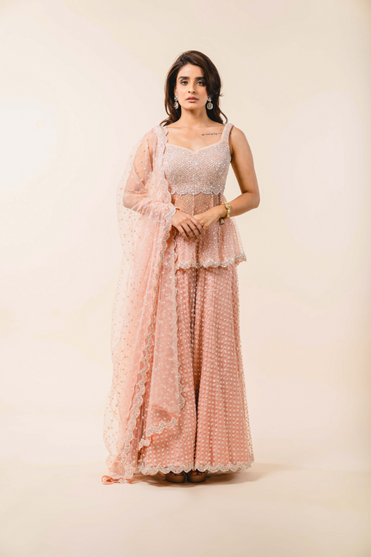 Soft Rose Pink Tulle Peplum Sharara Set