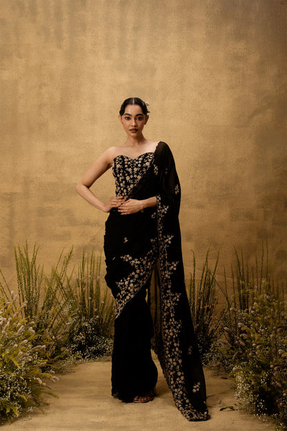 Black Pre-stitched hand embroidered organza saree set