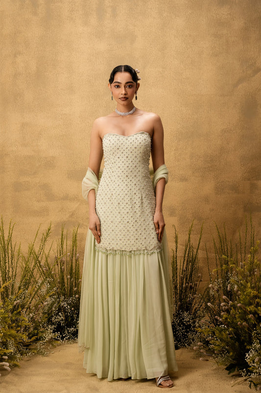 Mint green hand embroidered georgette sharara set