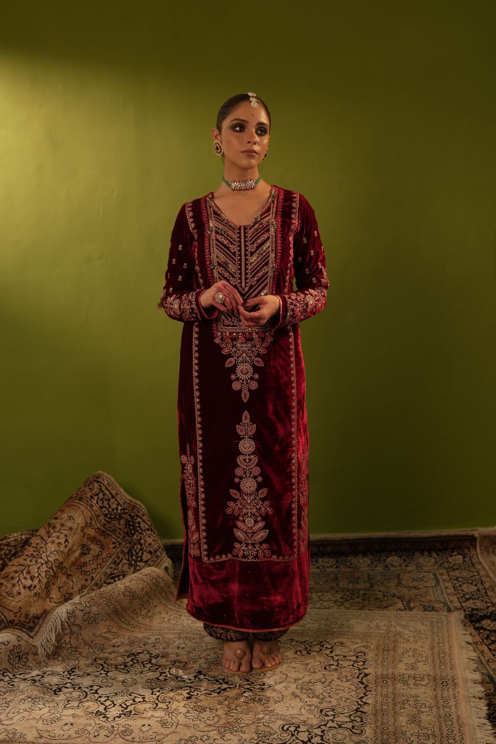 Red and Purple Velvet Kurta Set