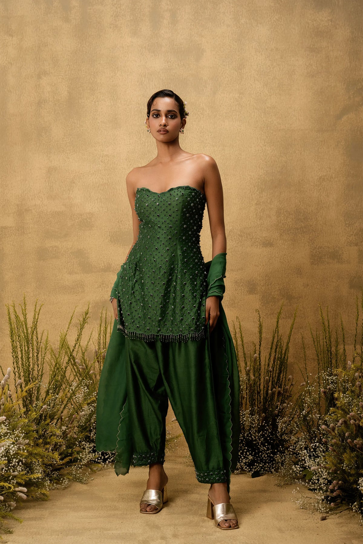 Emerald green hand embroidered chanderi silk suit set with organza dupatta