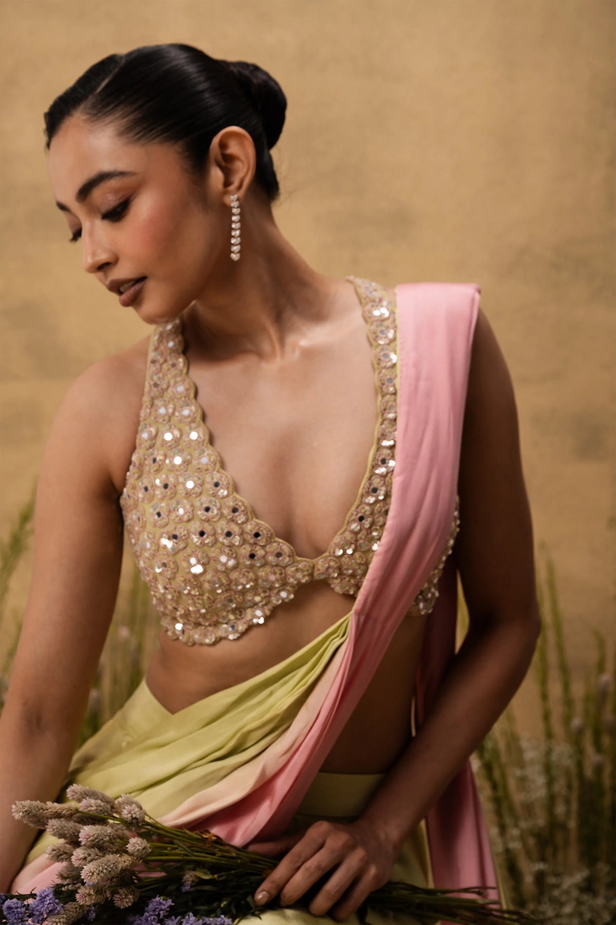 Pastel green & pink ombre pre-draped modal satin saree with embroidered blouse