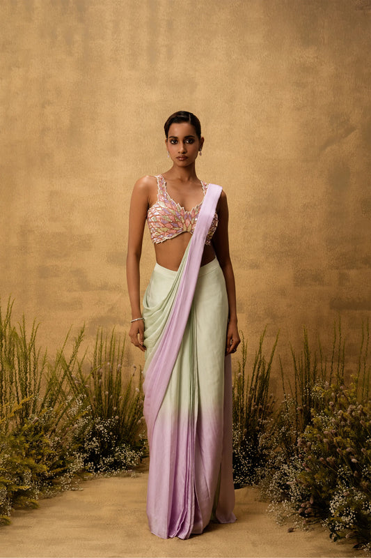 Mint green & lilac ombre pre-draped modal satin saree with embroidered blouse