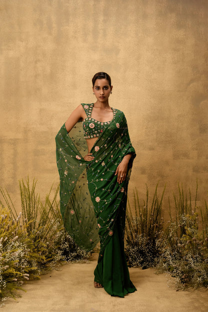 Emerald green Pre-stitched hand embroidered georgette saree set