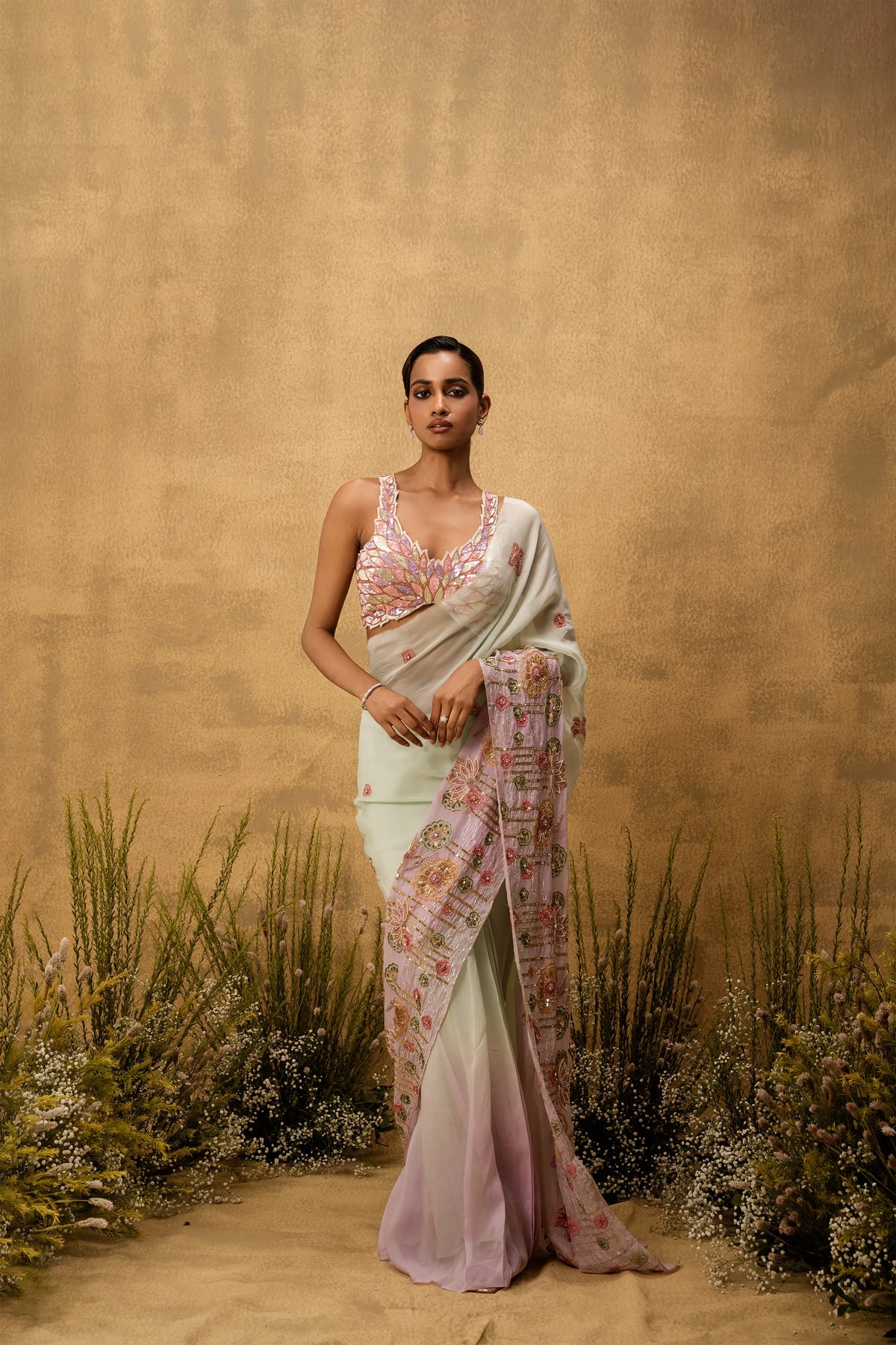 Pastel mint green lilac ombré Pre-stitched hand embroidered organza saree set